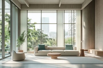 Fototapeta premium Modern minimalist living room with large windows overlooking a cityscape and lush greenery.
