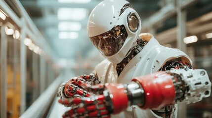 In an industrial setting, a robust white robot with striking red gloves strikes a dynamic pose, representing strength and precision in robotic capabilities and motion.