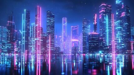 Fototapeta premium A vibrant cityscape of towering skyscrapers illuminated against the night sky