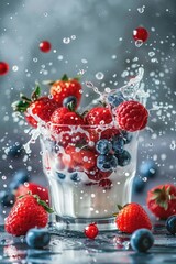 Fresh berries splashing into milk, creating a vibrant and healthy smoothie.