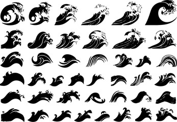 A diverse collection of stylized black wave illustrations, suitable for design projects related to nature, water, and ocean themes.