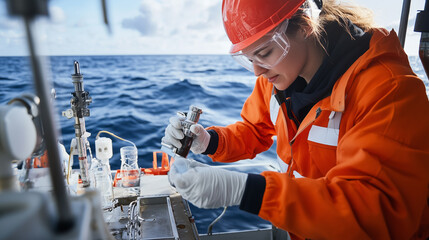Female scientist conducting marine research on a boat in open water during a clear day