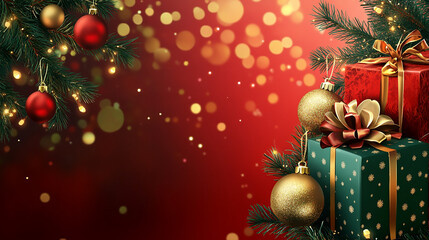 Christmas decorations background with tree and box, empty space for design and teks celebration 
