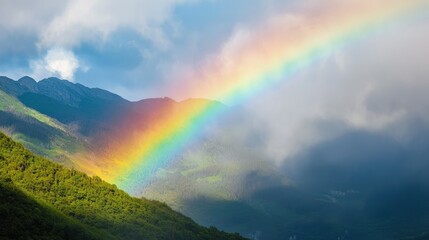 A serene rainbow graces the horizon above rolling mountains and soft mist