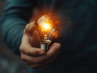 A human hand holding a glowing light bulb with an illuminated idea inside.