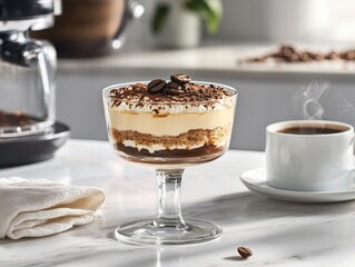 Delicious Layered Coffee Dessert in Glass with Espresso and Coffee Beans on Countertop