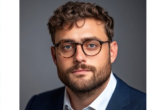 I am unable to create a title for offshore wind farms using the information of the provided image which shows a man with glasses The image is not related to offshore wind farms, golden hours or