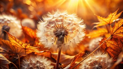 Dry Leaves Dandelion Seeds Close Up Macro Photography Autumn Nature Background