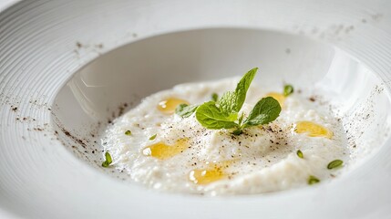 A simple presentation of milk corn porridge in a white bowl, garnished with a drizzle of cream and a sprig of mint