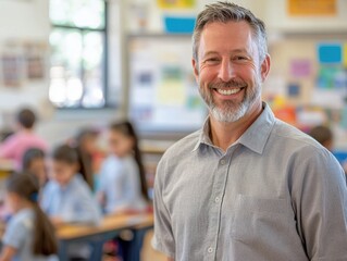 Fototapeta premium Smiling male teacher with gray hair engaging with young students in a bright, interactive classroom. Represents dedication, knowledge, and a supportive education environment fostering academic growth.