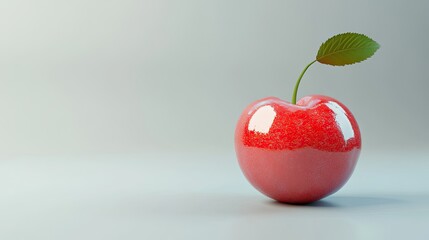 A single bright red cherry with a glossy surface and green stem, perfectly isolated on a clean white background
