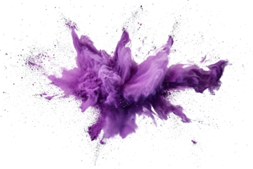 A vibrant purple powder explosion against a white and transparent background