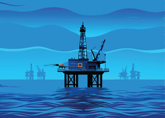 Design a detailed vector illustration of an offshore oil rig platform, showcasing its intricate structures and equipment, set against a calm ocean backdrop.