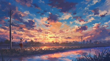 sunset scenery along a river, captured beautifully in anime style.