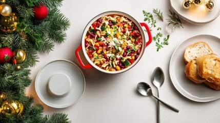 Festive Holiday Table with Colorful Pasta Salad and Seasonal Decorations