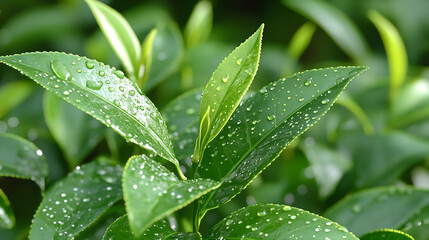 Close-up of fresh green tea leaves with water droplets. (1)