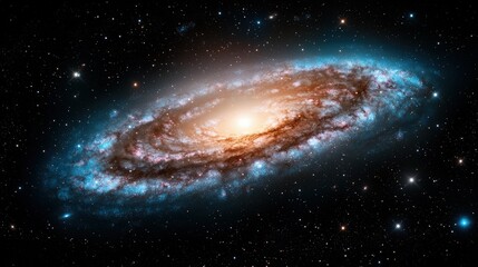 Naklejka premium Spiral galaxy with blue and orange hues in dark space.