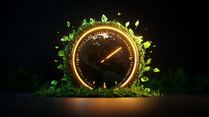 Fototapeta premium Glowing clock encircled by green leaves and moss, symbolizing nature and time