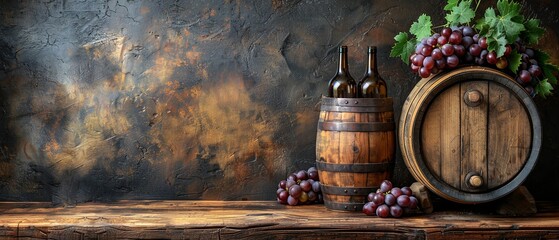 Two bottles of wine rest in a rustic wooden barrel, surrounded by bunches of ripe grapes.  A dark, textured background adds to the vintage feel.