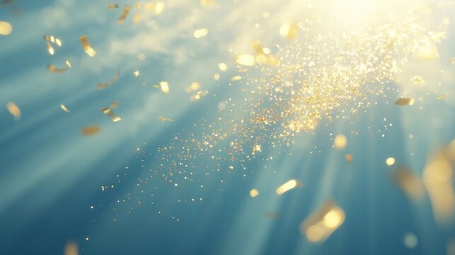 Golden confetti falling on blue sky background.