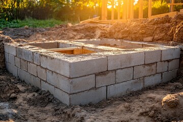Foundation of a building being constructed using concrete blocks at sunset, showcasing the initial stages of construction
