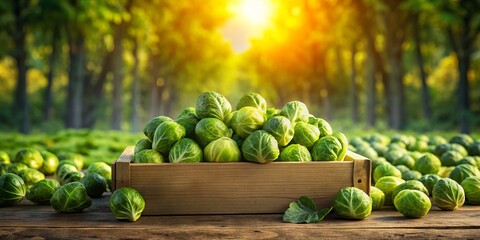 Silhouette of Fresh Brussels Sprouts Harvest - Soft Sunlight, Cabbage Background