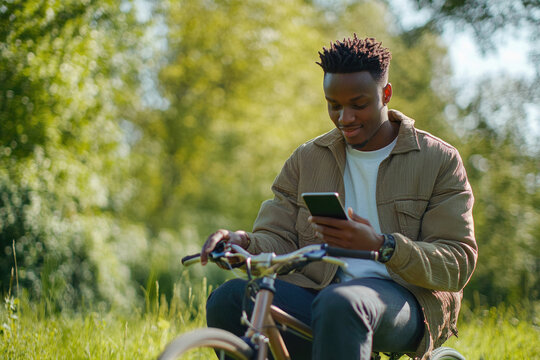 A young man with dreadlocks sits on his bicycle in a park, using his smartphone.