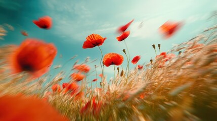 Obraz premium Red Poppies Swaying Gently In A Summer Breeze