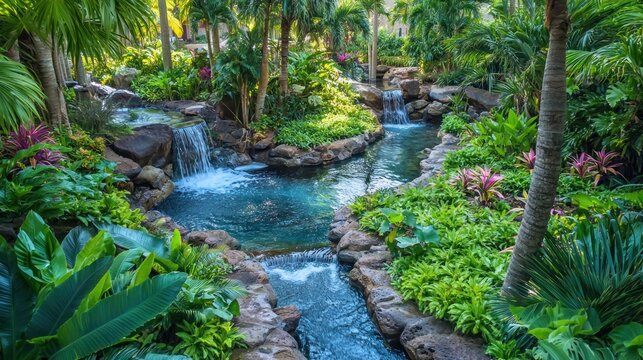 A lush, green tropical rainforest with vibrant plants, palm trees, and a river, symbolizing the equatorial climate zone.