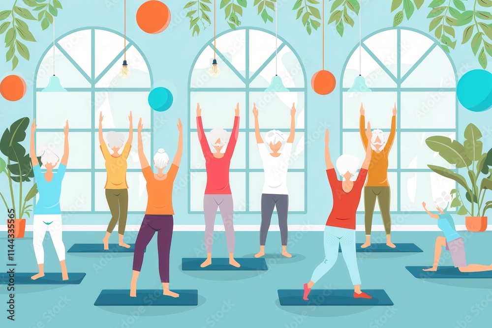Poster elderly individuals participating in fitness and yoga class guided by instructor in a well lit studi