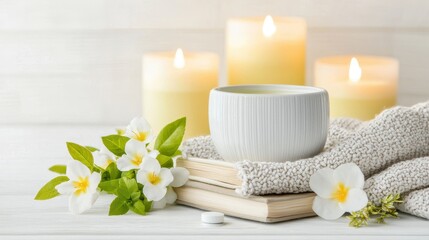 Serene Spa Setting with Candles, Flowers, Books, and Relaxation Accessories