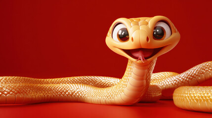 Fototapeta premium cute cartoon snake with big eyes and playful expression on vibrant red background. This charming character is sure to bring joy and fun to any design project