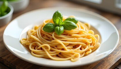 A wonderful spaghetti noodles on white ceramic plate 