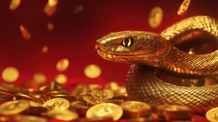 Obraz premium golden snake coils among shimmering gold coins, creating captivating scene of wealth and allure. vibrant red background enhances luxurious feel of this striking image