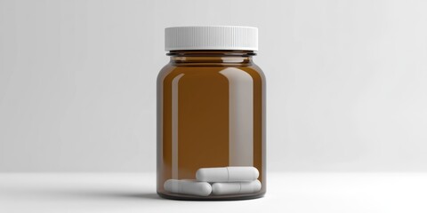 Close up of a clear glass pill bottle with white capsules inside, representing prescription medication.