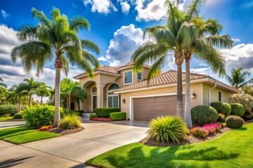 Fototapeta premium South Florida Gated Community Homes: Palm Trees, Garages, Asphalt Roads - Medium Shot Photography