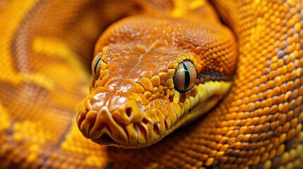 Fototapeta premium Close up of python showcasing its smooth, vibrant scales and intricate patterns. striking orange color and detailed texture highlight beauty of this reptile