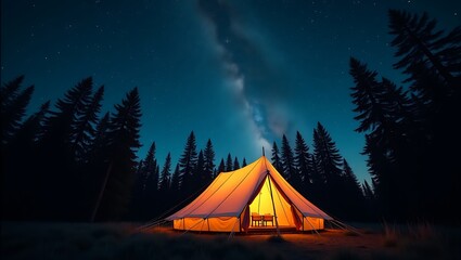 Cozy Illuminated Tent Under Starlit Sky | Serene Nighttime Outdoor Adventure Scene
