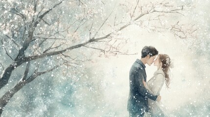 Romantic Winter Kiss in a Dreamy Snowy Landscape with Trees