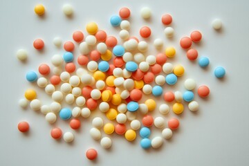 Multicolored pills scattered across a white background, forming an interesting visual arrangement
