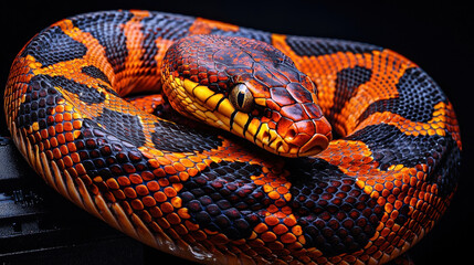 Obraz premium beautiful snake with vibrant orange and black patterns, showcasing its unique fire and cinnamon genetics. This striking reptile captivates with its intricate scales and colors