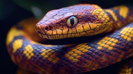 Fototapeta premium beautiful snake with vibrant fire and cinnamon colors, showcasing intricate patterns and textures. Its striking appearance captivates with blend of yellow and orange hues