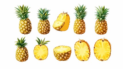 Fresh and Juicy Pineapples Illustrated in Various Stages of Slicing and Whole Presentation for Summer Recipes and Tropical Themes