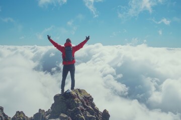 Man on mountain summit enjoying view  hands raised  travel.