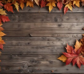 Obraz premium Crisp autumn leaves create a natural frame around weathered wood , foliage, frame, leaves