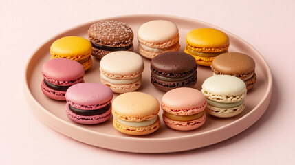 Fototapeta premium A close-up view of colorful macarons with a smooth gradient soft pink background, perfect for adding a promotional message.