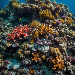 A vibrant reef with sea stars, crabs, and coral polyps extending their tentacles.