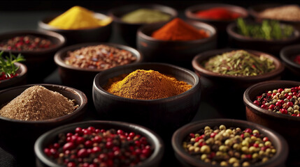 Fototapeta premium Vibrant Collection of Spices and Herbs on a Rich Dark Background