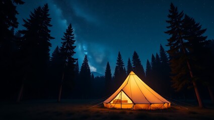 Cozy Illuminated Tent Under Starlit Sky | Serene Nighttime Outdoor Adventure Scene