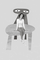 Vertical collage image of black white gamma mini girl sit big drawing chair eyes watch look...